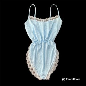 Vintage Teddy Light Blue with White Lace Lingerie, Size Large